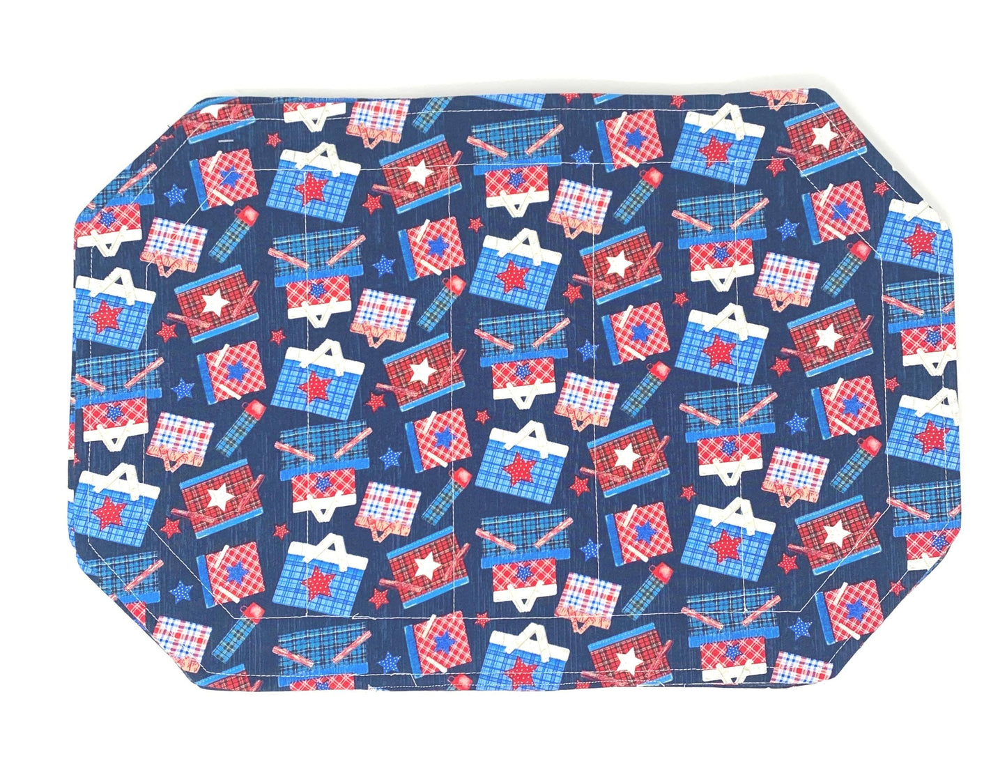 Red Geranium Placemat Set, Quilted Place Mats, Octagon Shape, Patriotic Place Mats, Blue, Red, White