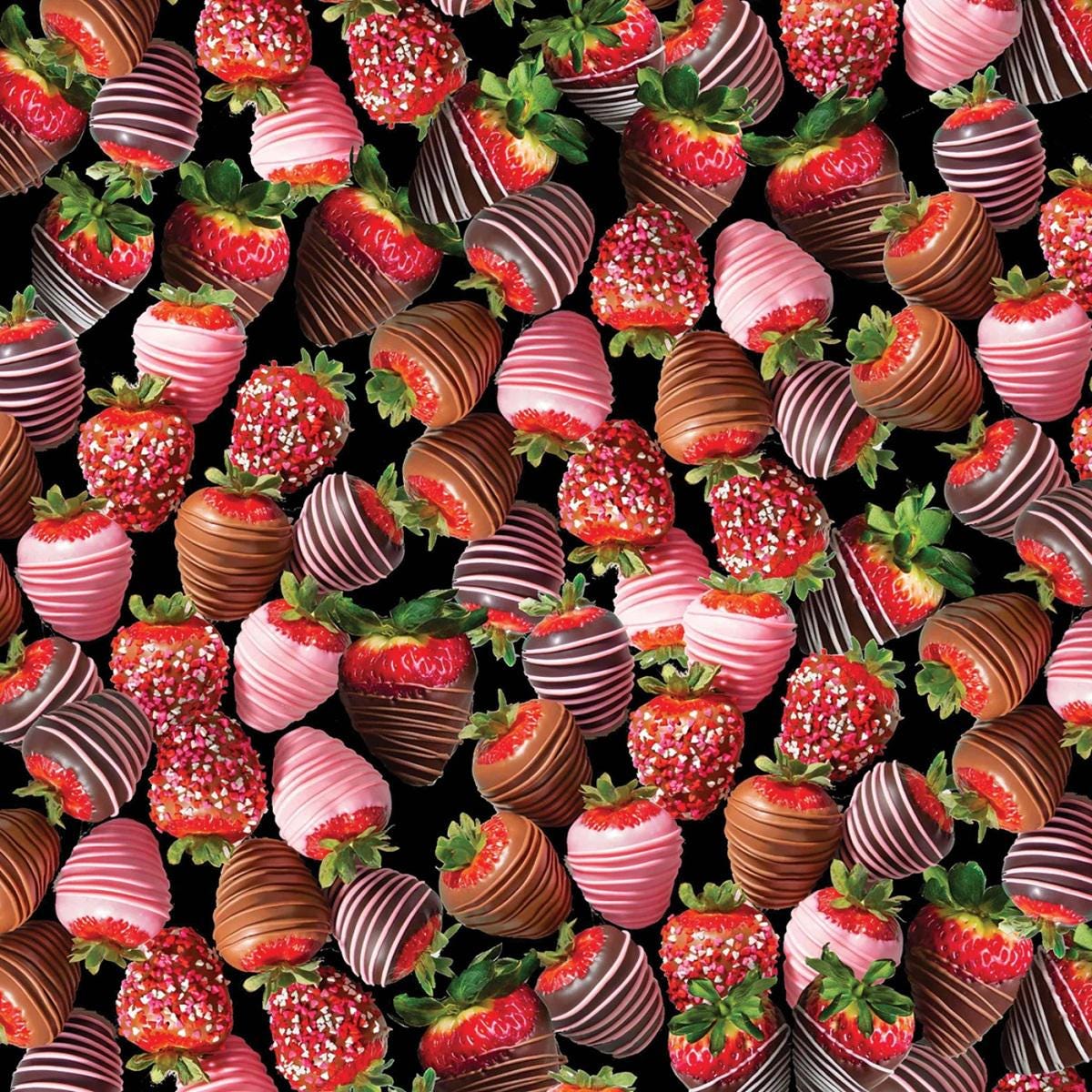 Black Chocolate Dipped Strawberry Yardage, Strawberries, Benartex