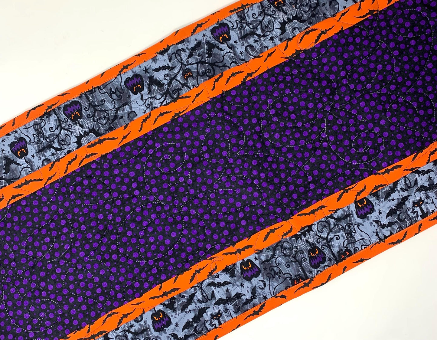 Halloween Table Runner Quilt, Pumpkins, Bats, Purple, Orange, Gray, Handmade Quilt