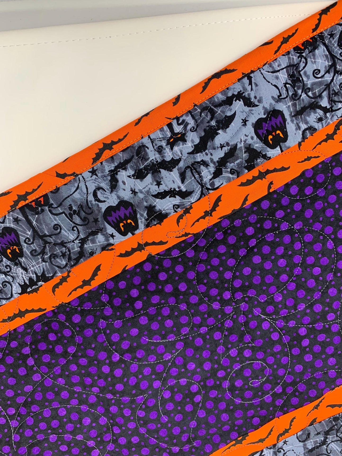 Halloween Table Runner Quilt, Pumpkins, Bats, Purple, Orange, Gray, Handmade Quilt