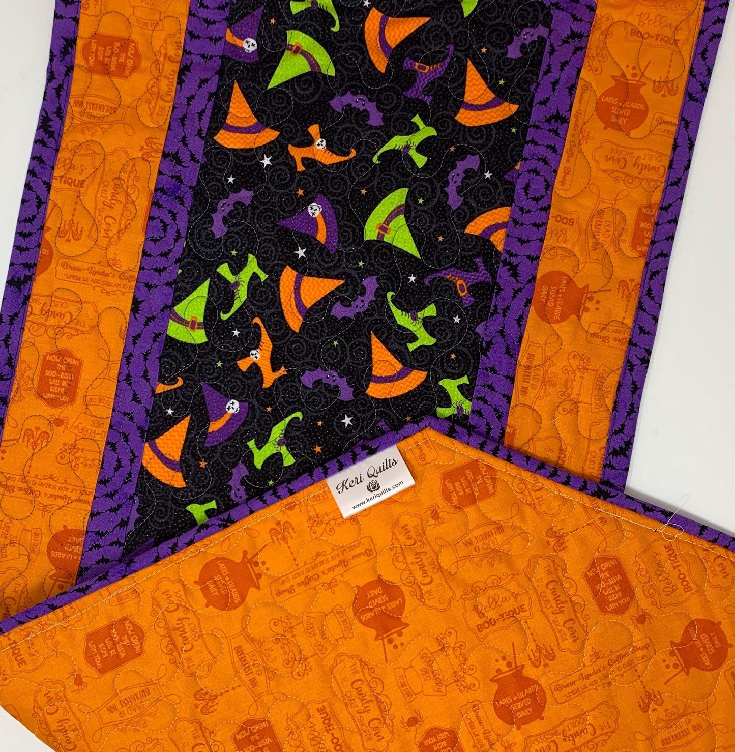 Halloween Witch Table Runner Quilt, Witch Shoes, Hat Quilt, Orange, Purple, Green, Handmade Quilt