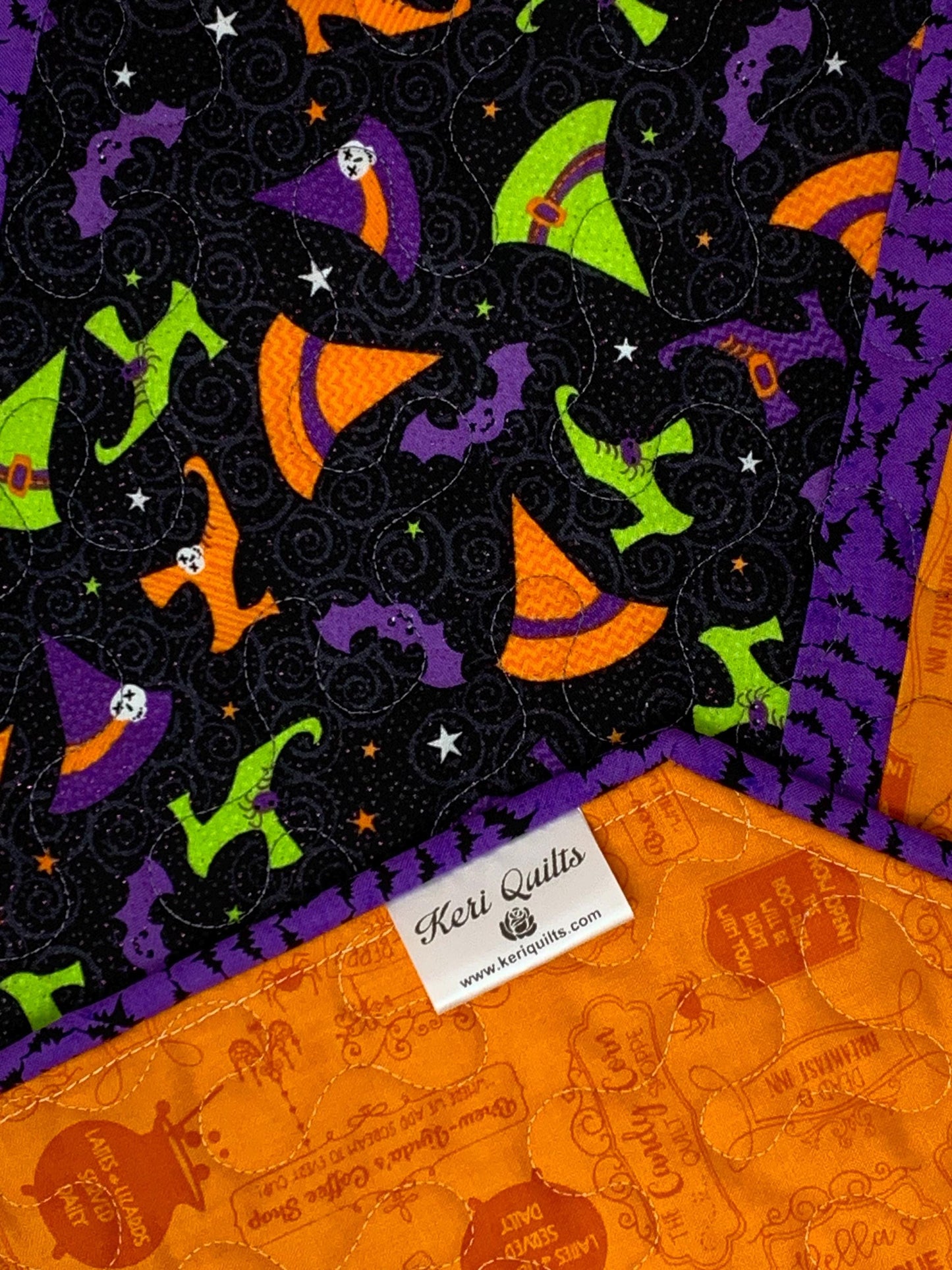 Halloween Witch Table Runner Quilt, Witch Shoes, Hat Quilt, Orange, Purple, Green, Handmade Quilt
