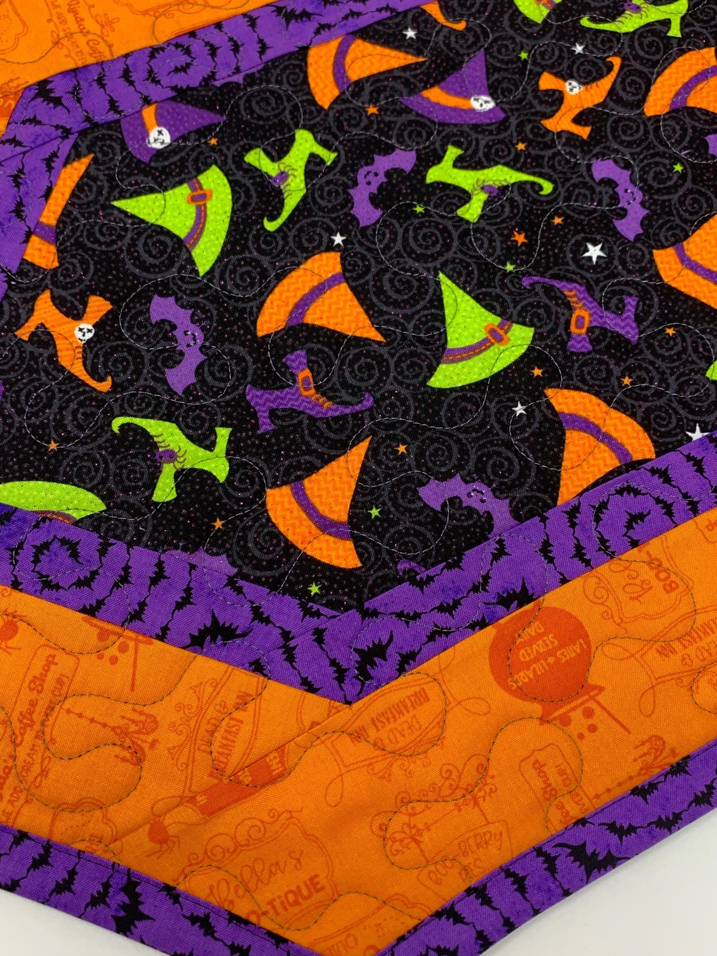 Halloween Witch Table Runner Quilt, Witch Shoes, Hat Quilt, Orange, Purple, Green, Handmade Quilt