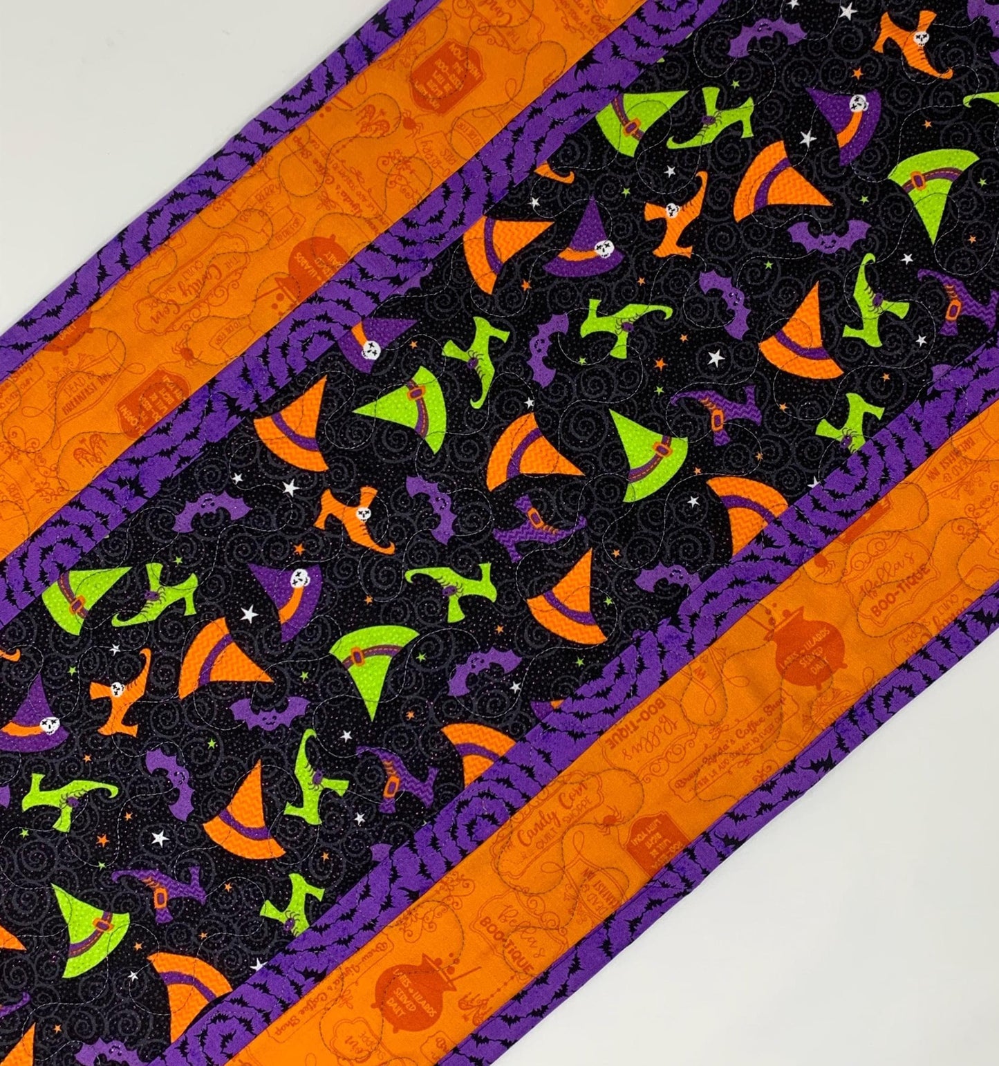 Halloween Witch Table Runner Quilt, Witch Shoes, Hat Quilt, Orange, Purple, Green, Handmade Quilt