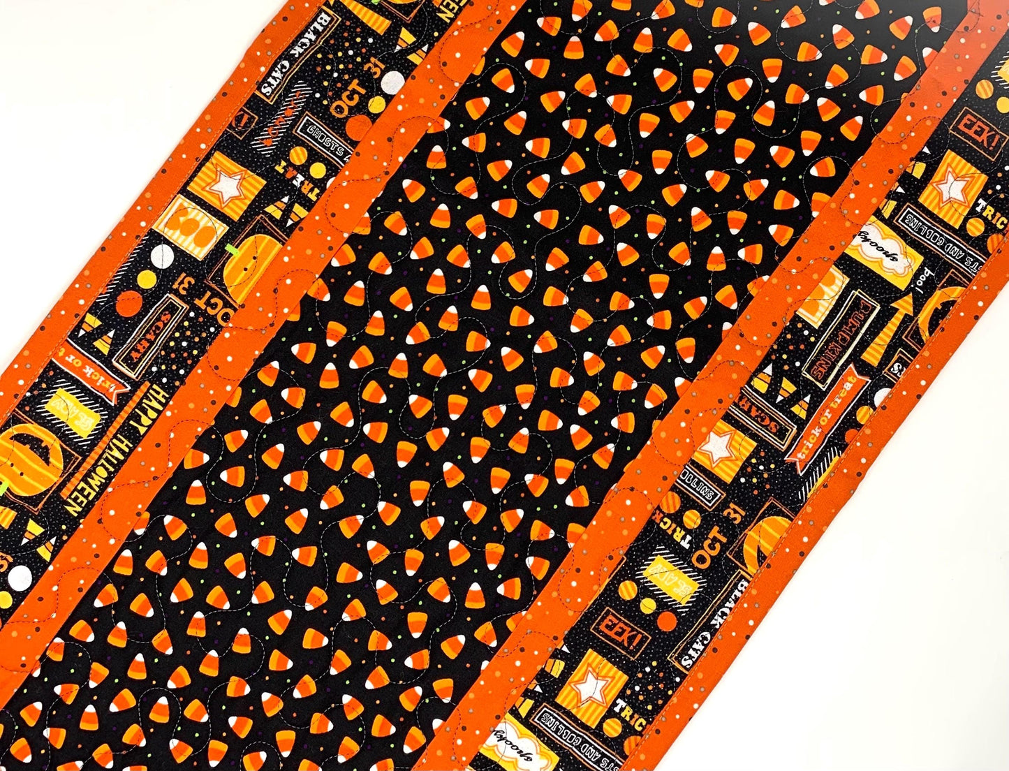 Halloween Table Runner Quilt, Candy Corn, Orange, Black, Yellow, Handmade Quilt