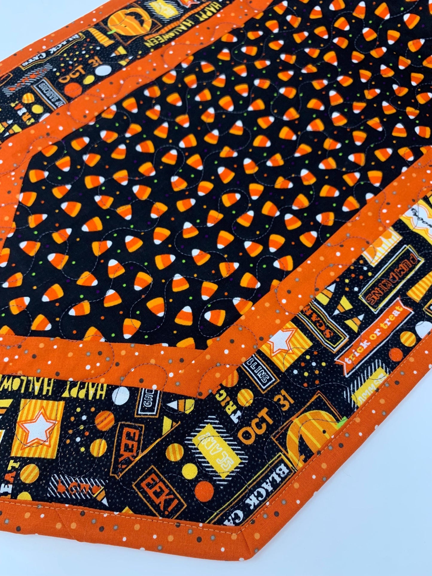 Halloween Table Runner Quilt, Candy Corn, Orange, Black, Yellow, Handmade Quilt