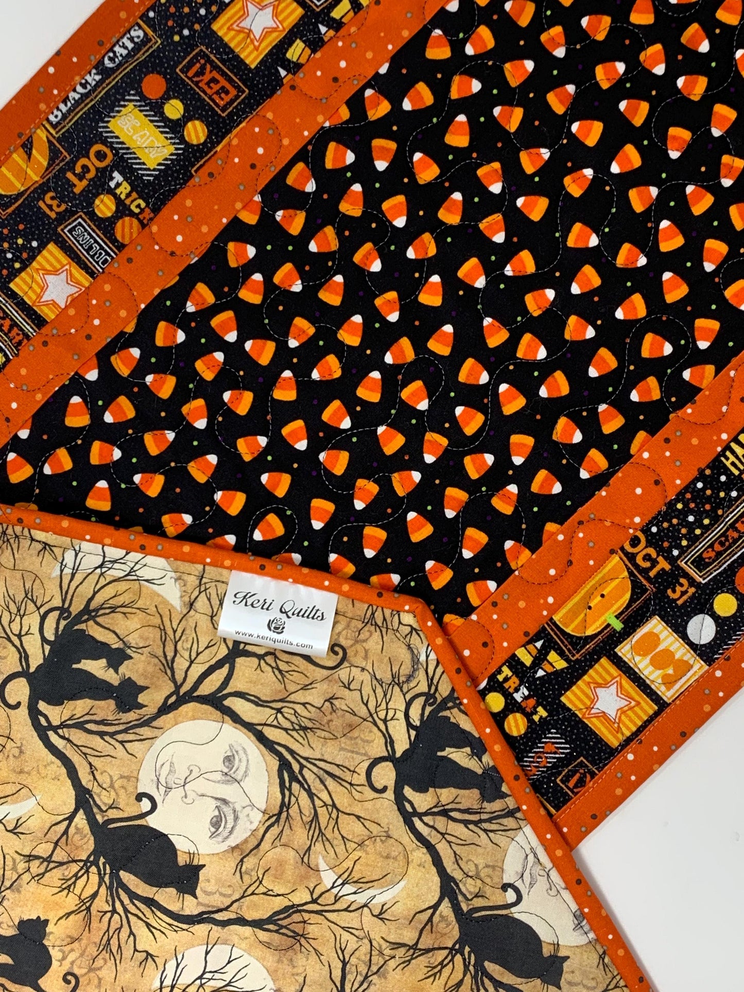 Halloween Table Runner Quilt, Candy Corn, Orange, Black, Yellow, Handmade Quilt