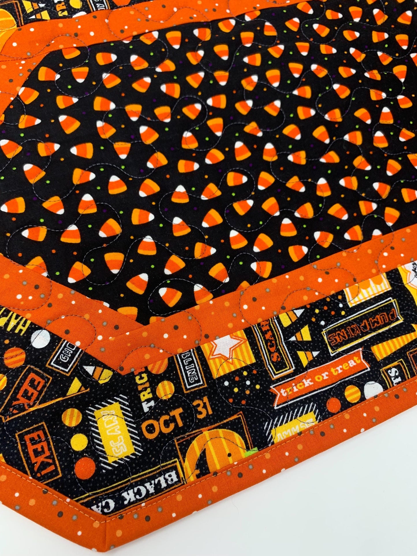 Halloween Table Runner Quilt, Candy Corn, Orange, Black, Yellow, Handmade Quilt