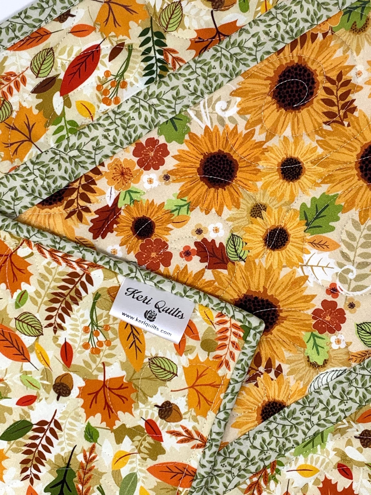 Sunflower Fall Table Runner Quilt, Yellow, Brown, Green,Handmade Quilt