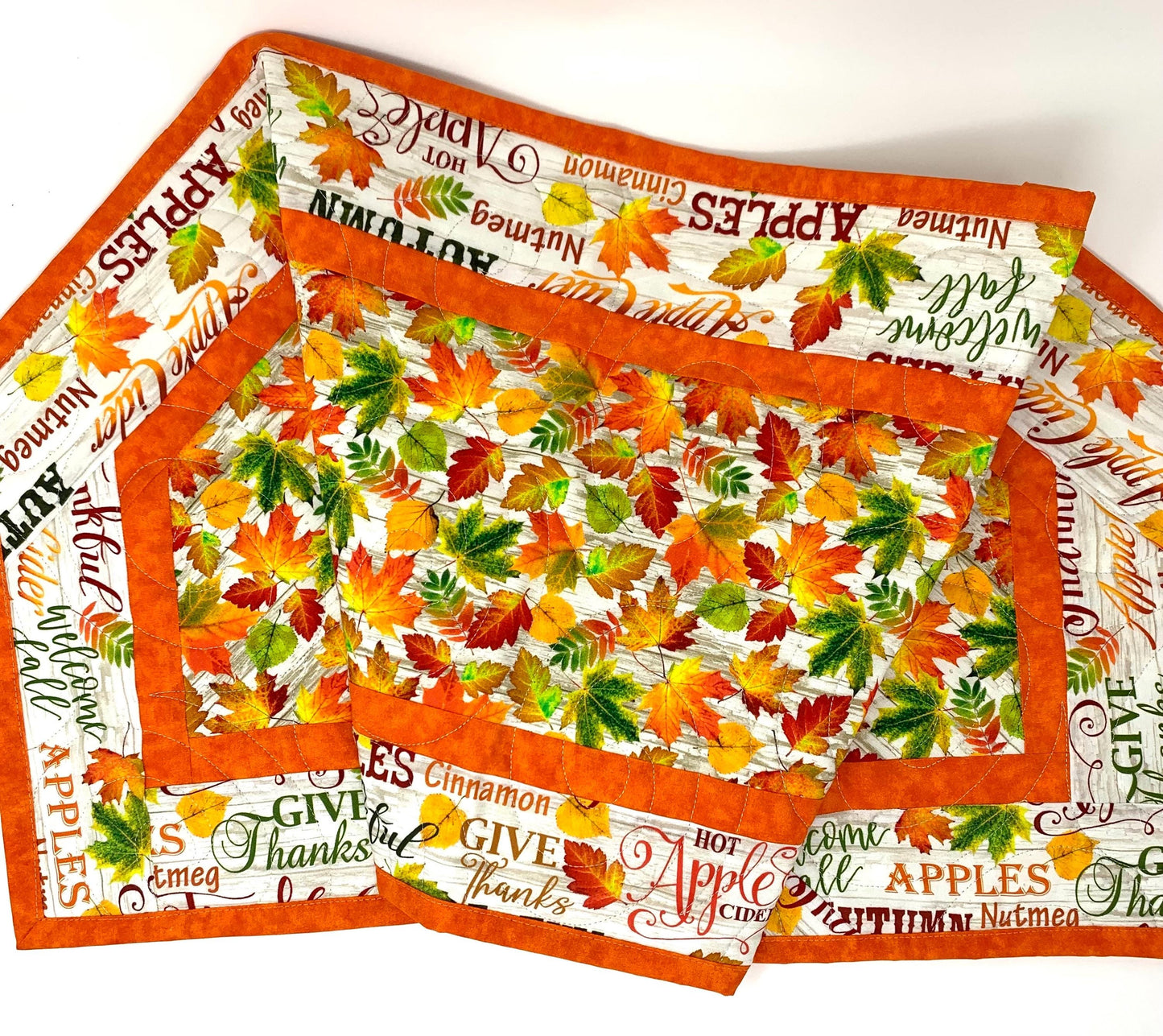 Bright Leaves Fall Words Table Runner Quilt, Orange, Yellow, Green, Handmade Quilt