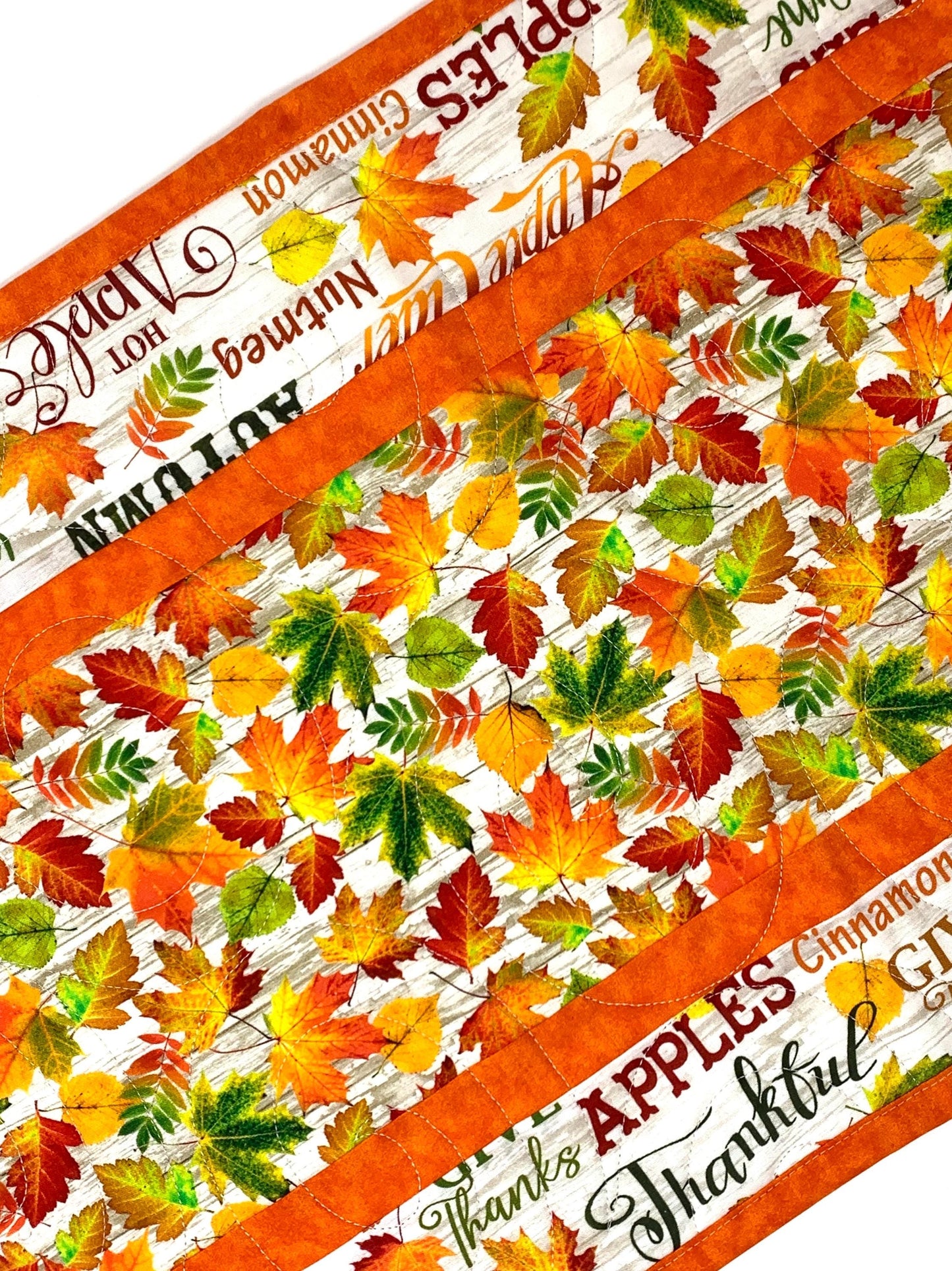 Bright Leaves Fall Words Table Runner Quilt, Orange, Yellow, Green, Handmade Quilt
