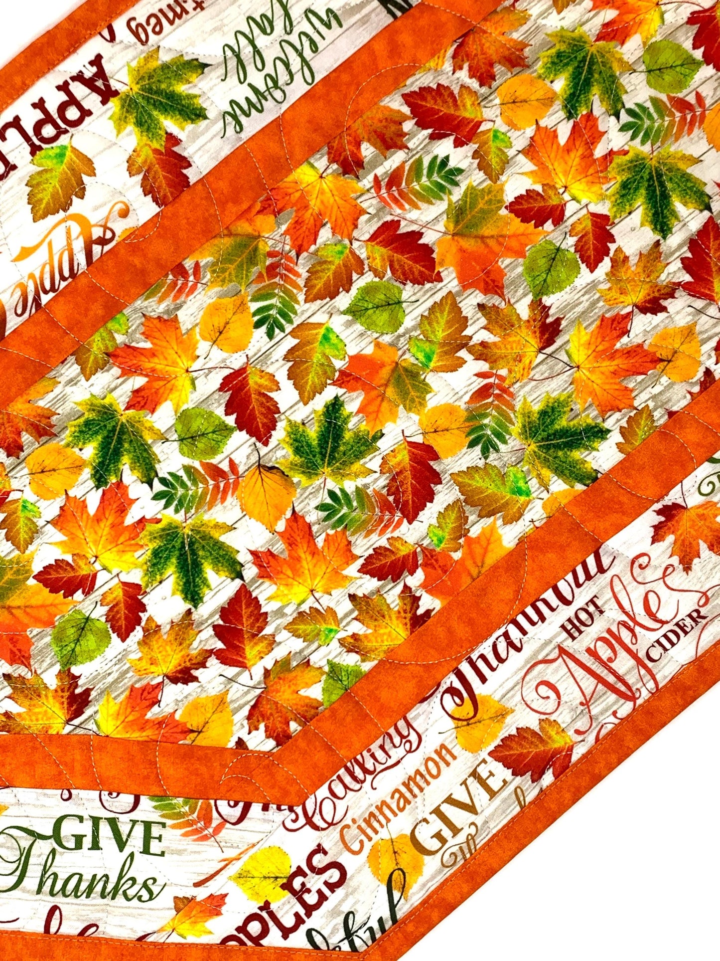 Bright Leaves Fall Words Table Runner Quilt, Orange, Yellow, Green, Handmade Quilt