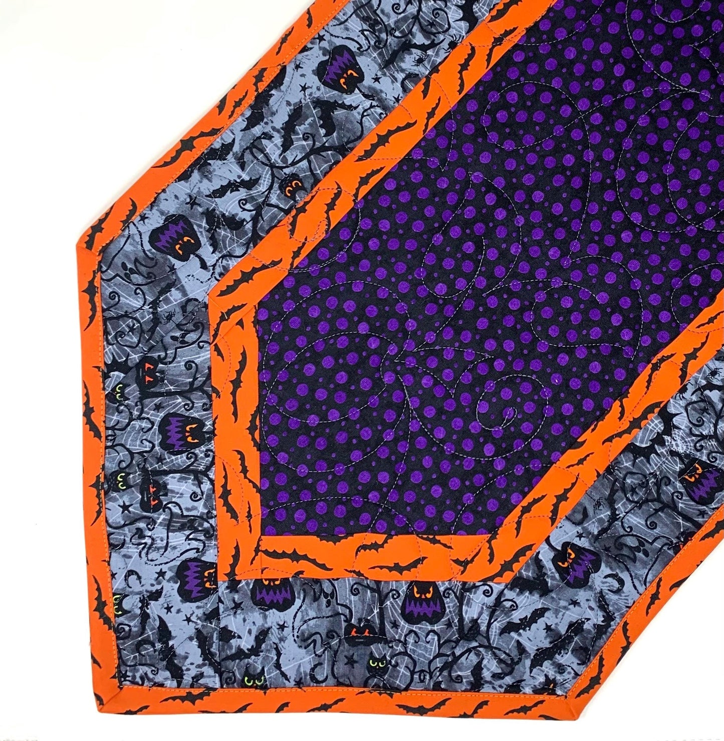 Halloween Table Runner Quilt, Pumpkins, Bats, Purple, Orange, Gray, Handmade Quilt