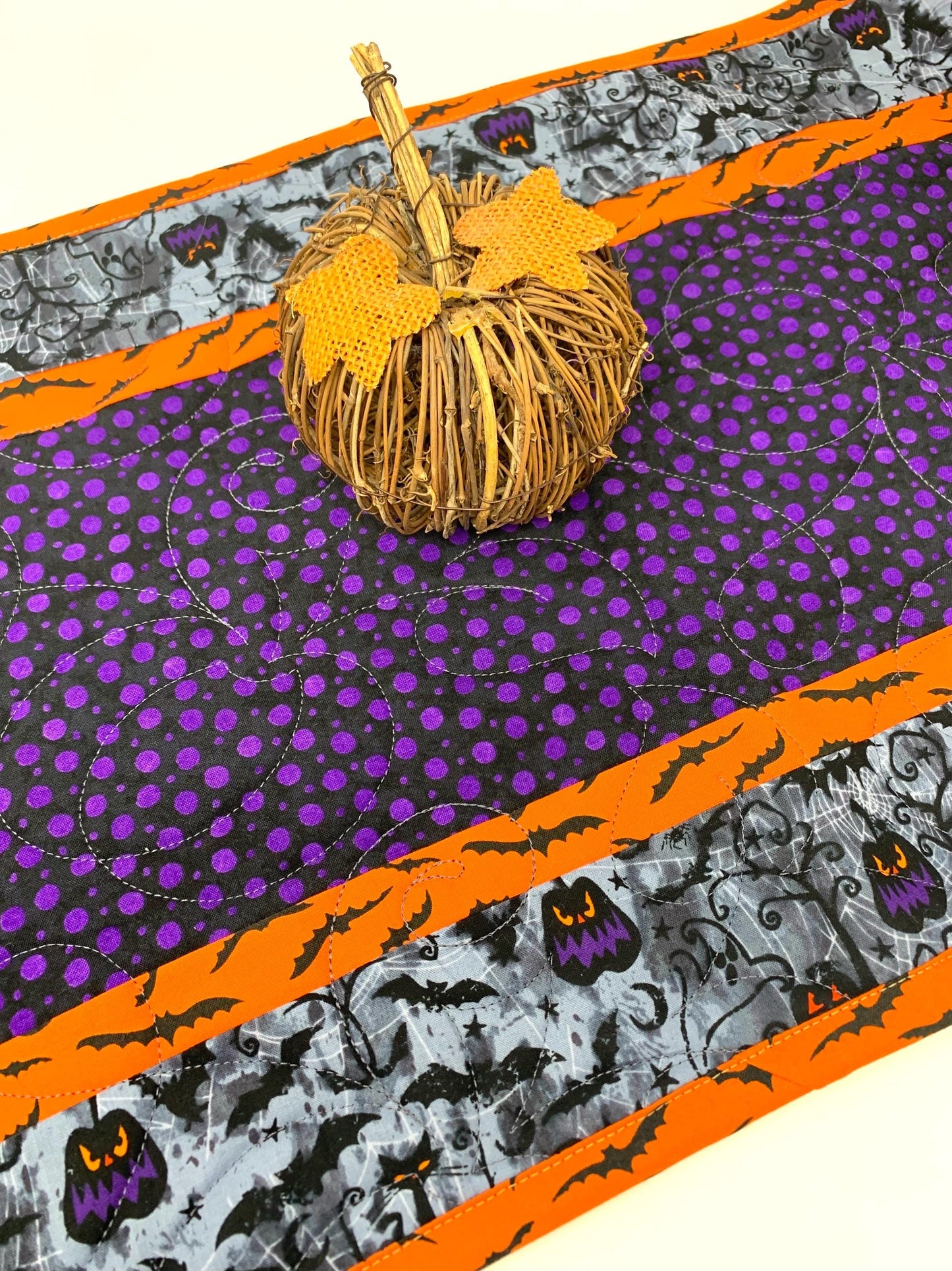 Halloween Table Runner Quilt, Pumpkins, Bats, Purple, Orange, Gray, Handmade Quilt