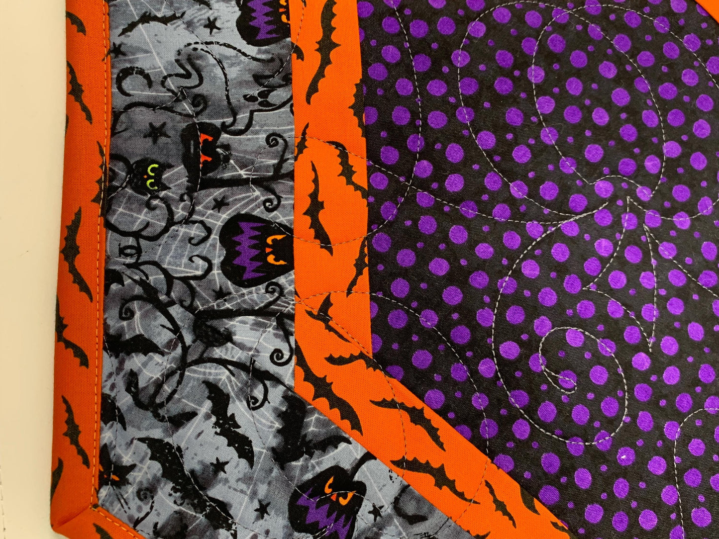Halloween Table Runner Quilt, Pumpkins, Bats, Purple, Orange, Gray, Handmade Quilt
