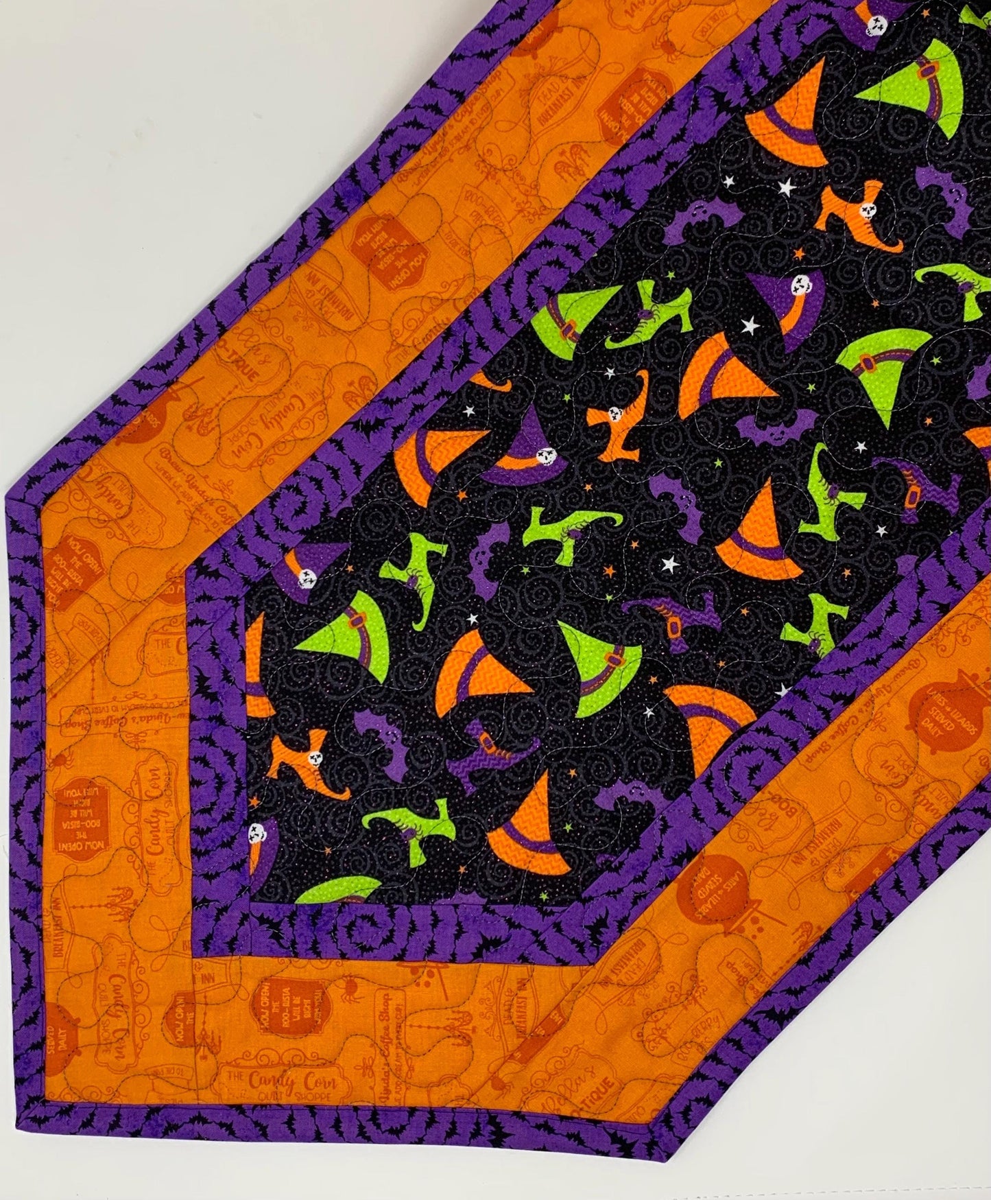 Halloween Witch Table Runner Quilt, Witch Shoes, Hat Quilt, Orange, Purple, Green, Handmade Quilt