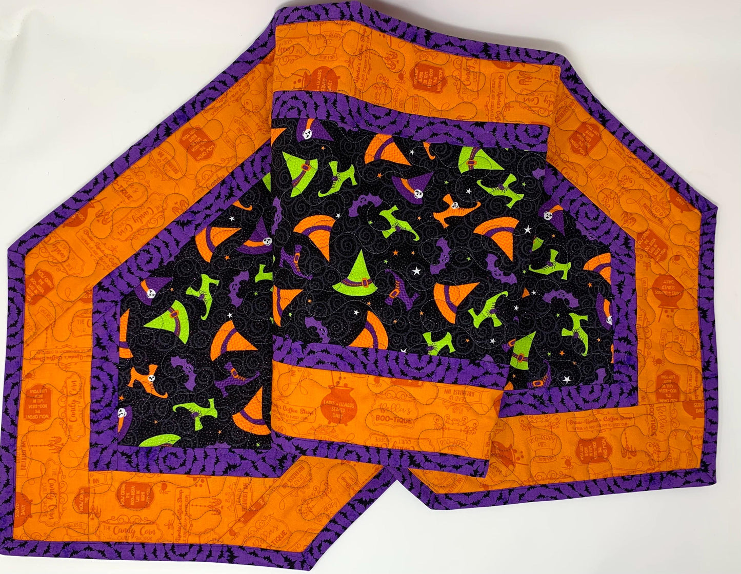 Halloween Witch Table Runner Quilt, Witch Shoes, Hat Quilt, Orange, Purple, Green, Handmade Quilt