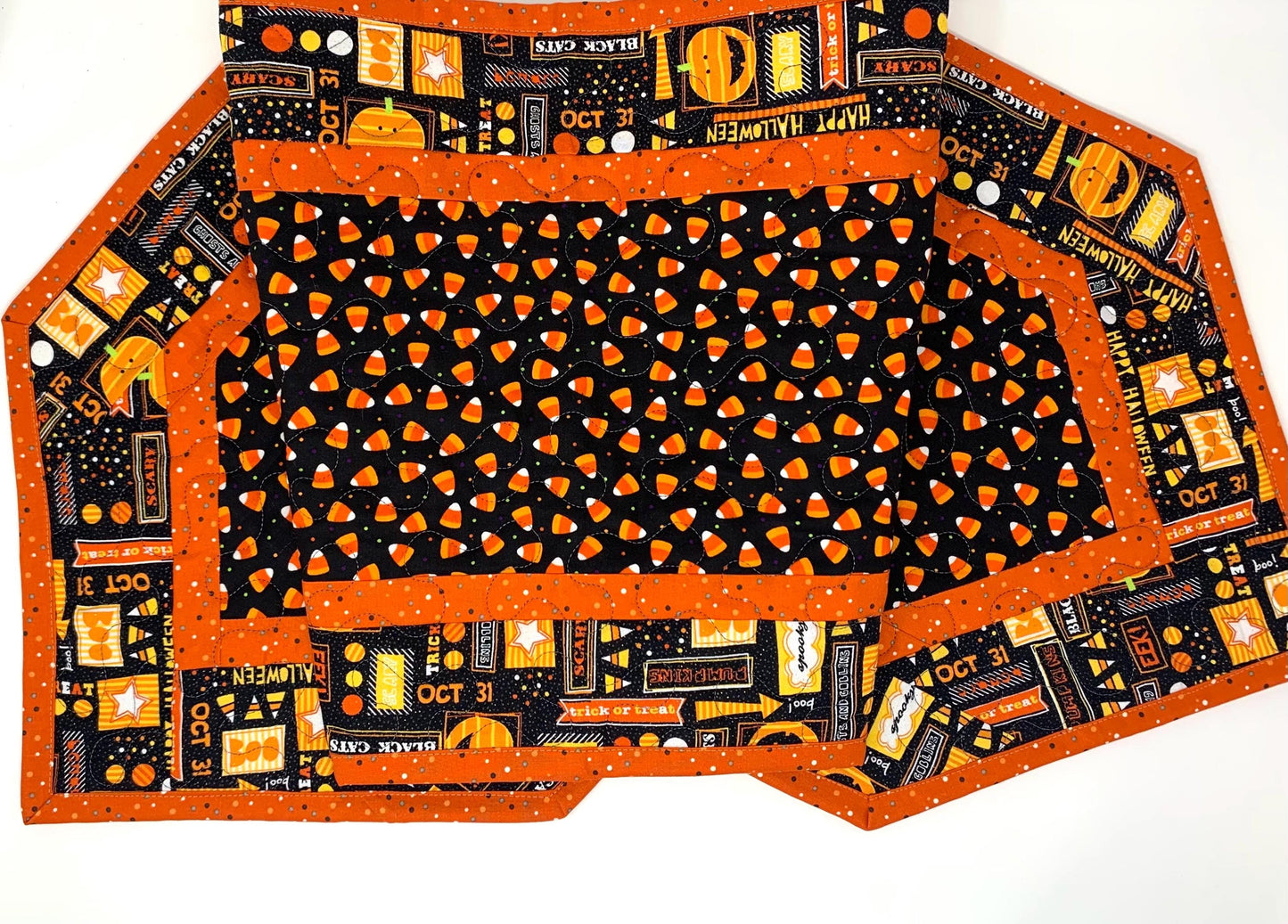 Halloween Table Runner Quilt, Candy Corn, Orange, Black, Yellow, Handmade Quilt