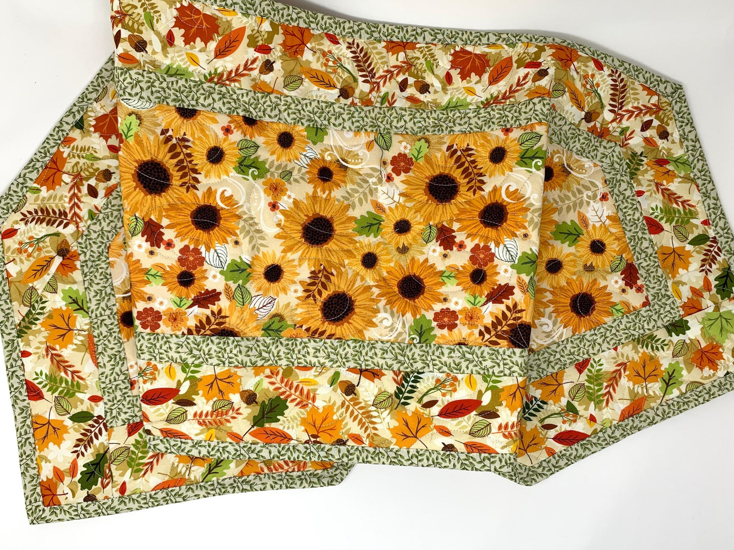 Sunflower Fall Table Runner Quilt, Yellow, Brown, Green,Handmade Quilt