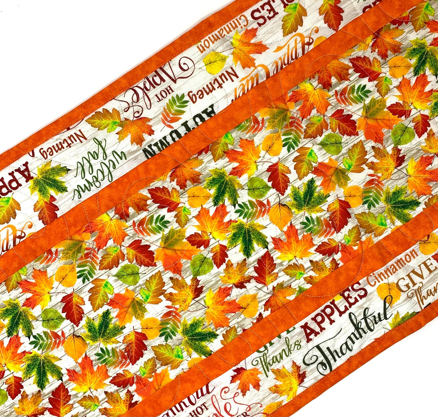 Bright Leaves Fall Words Table Runner Quilt, Orange, Yellow, Green, Handmade Quilt