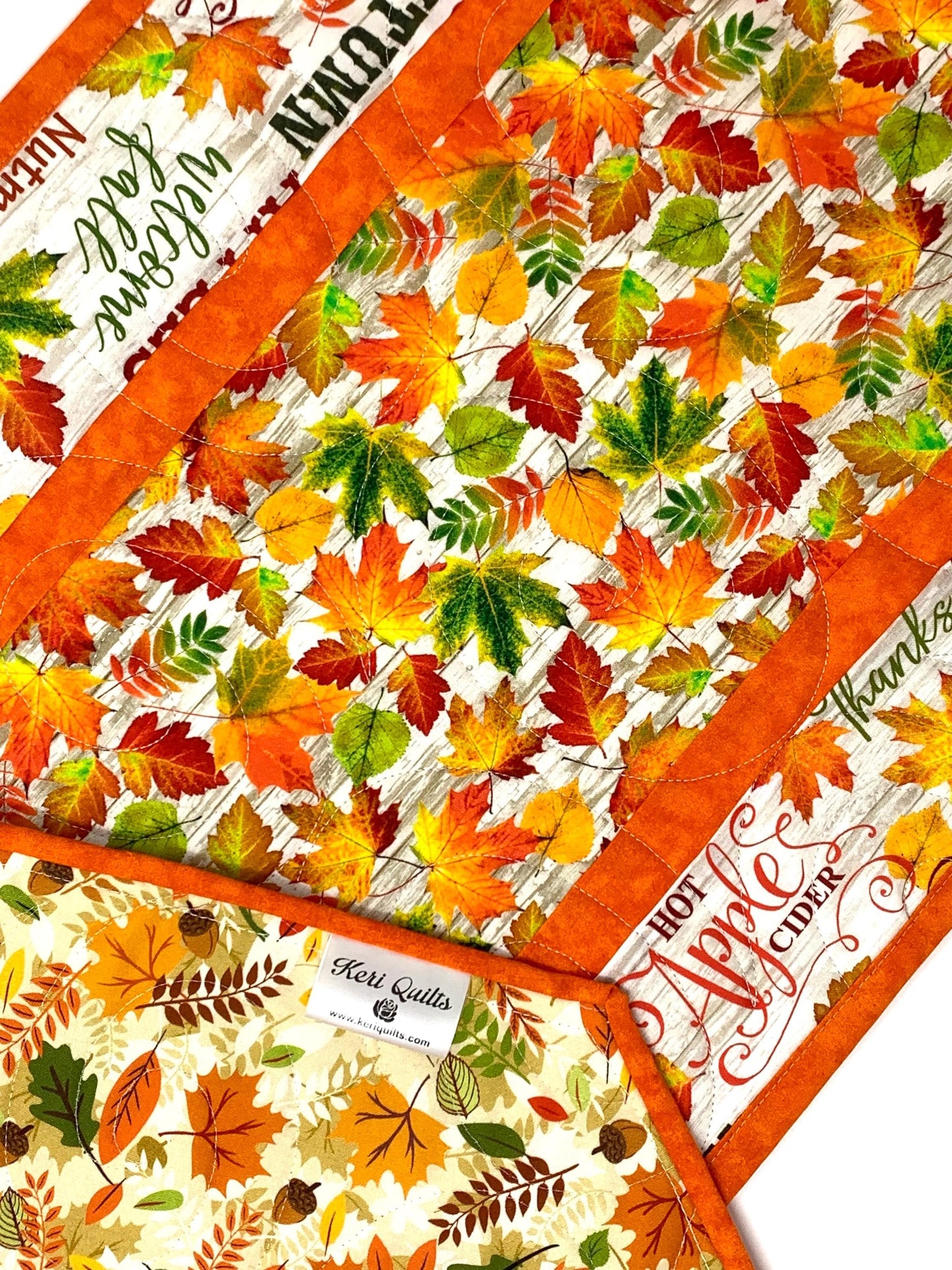 Bright Leaves Fall Words Table Runner Quilt, Orange, Yellow, Green, Handmade Quilt