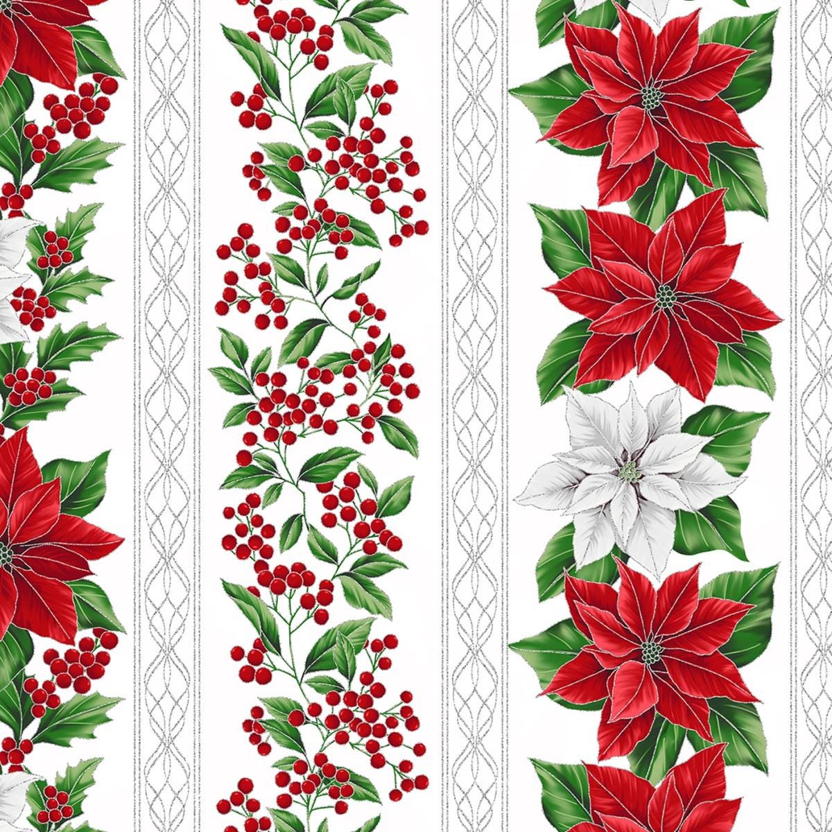 Poinsettia Border Stripe Yardage: Blooming Holidays Ice Silver by Hoffman