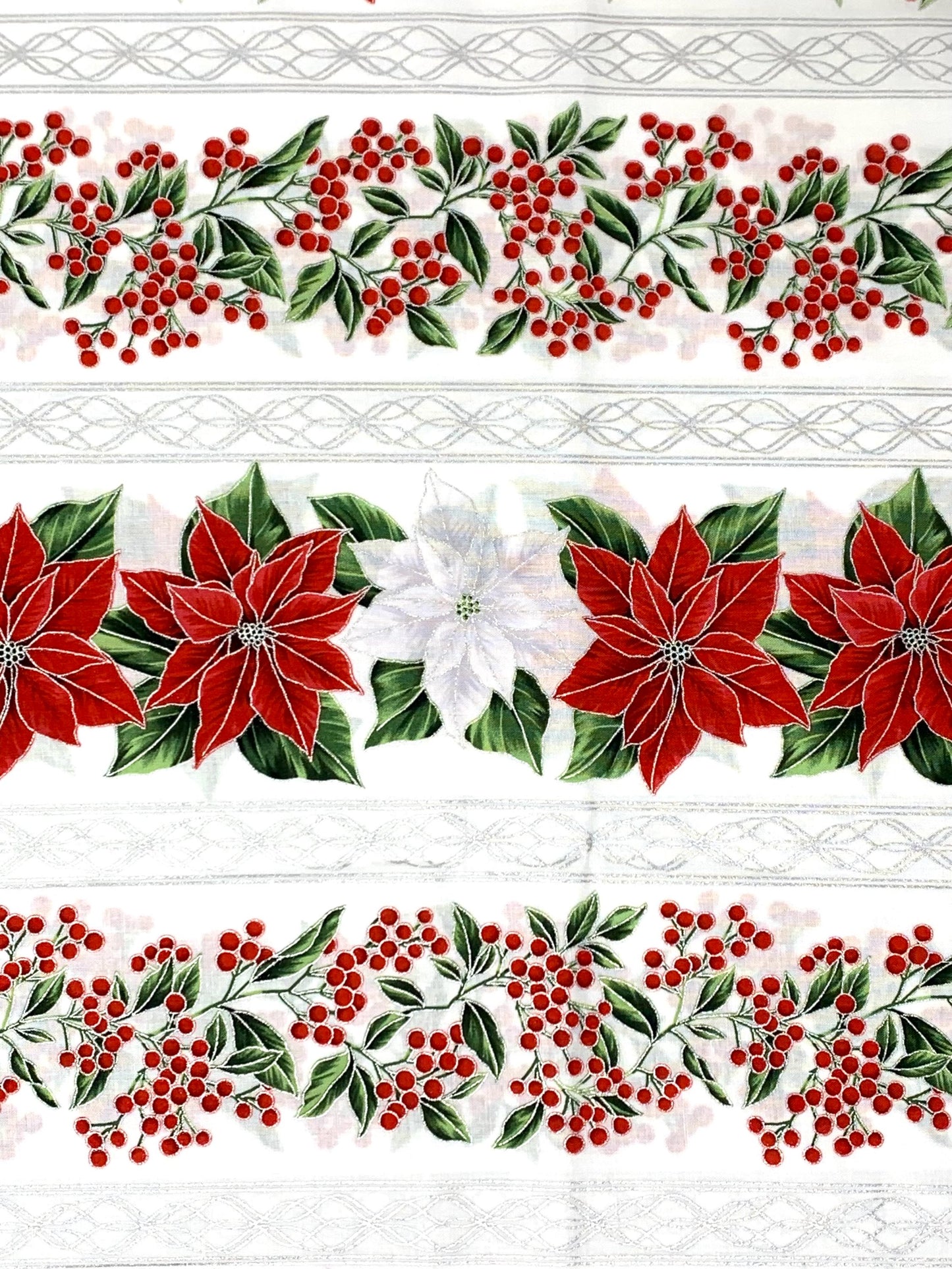 Poinsettia Border Stripe Yardage: Blooming Holidays Ice Silver by Hoffman