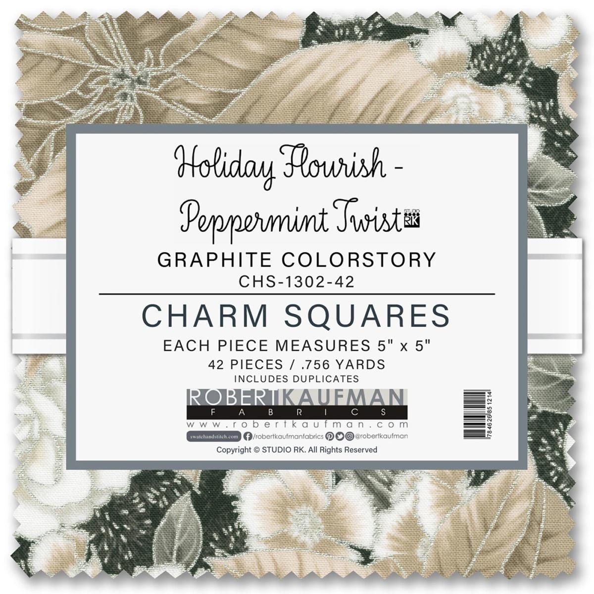 Holiday Flourish Fabric Squares: Peppermint Twist Graphite Colorstory Charm Pack, 5 inch (42 Pieces)