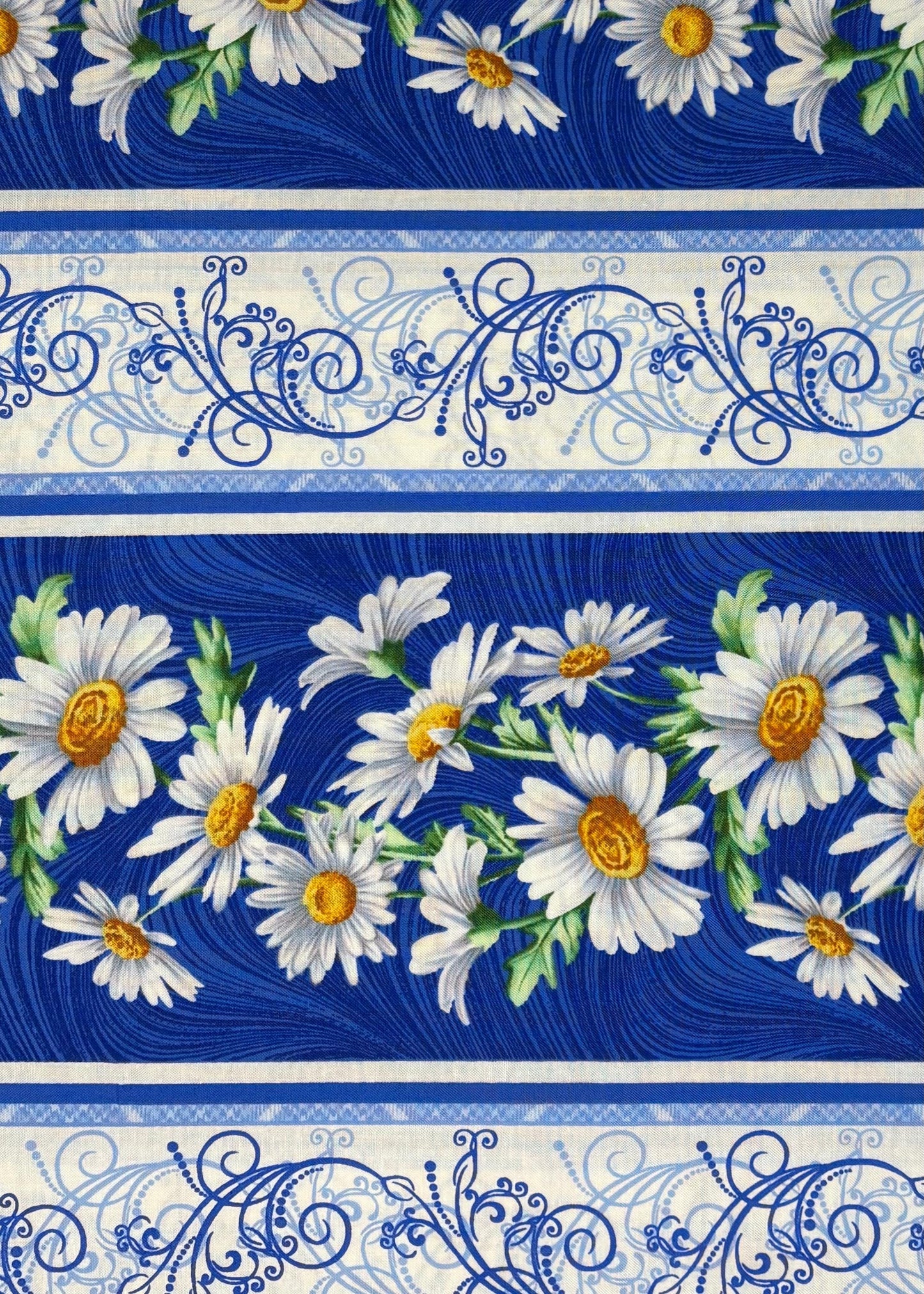 Daisy Border Stripe Cotton Fabric: All About Daisies, Medium Blue, White, Benartex