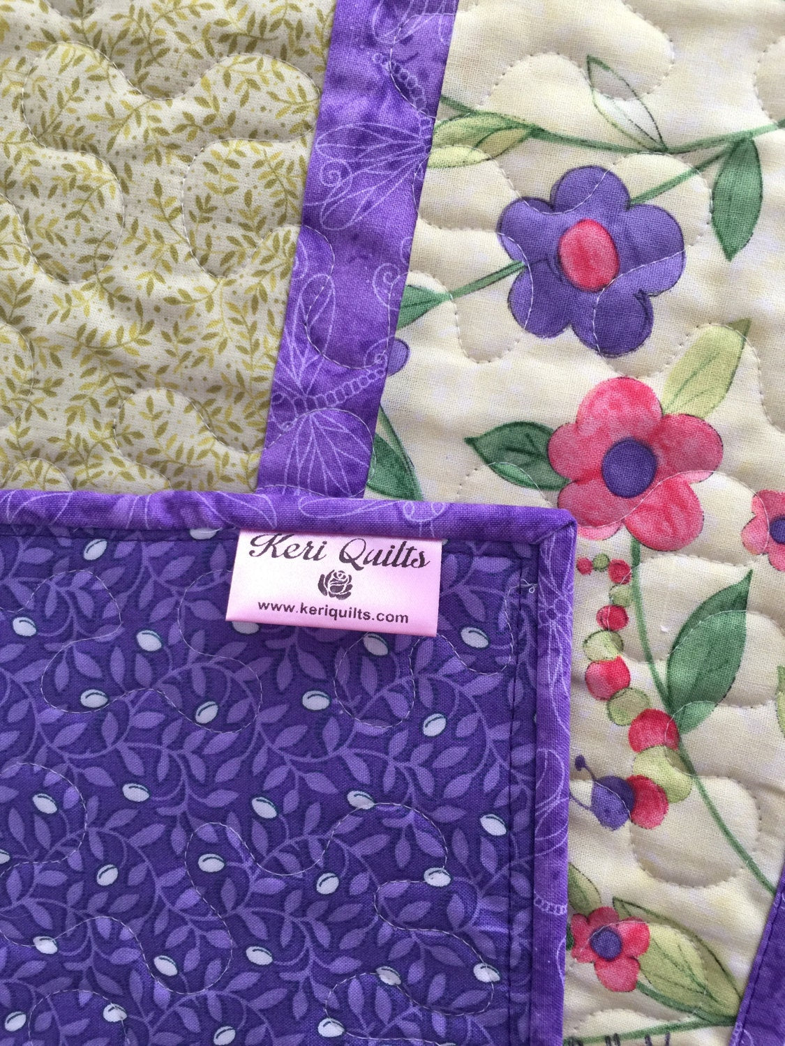 Table Runner Quilt, Spring Quilt, Green, Purple, Pink, Snail, Grasshopper, Lady Bug Table Topper Quilt, Handmade Quilt