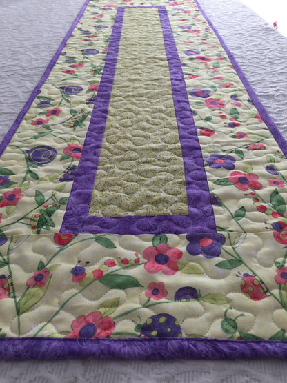 Table Runner Quilt, Spring Quilt, Green, Purple, Pink, Snail, Grasshopper, Lady Bug Table Topper Quilt, Handmade Quilt