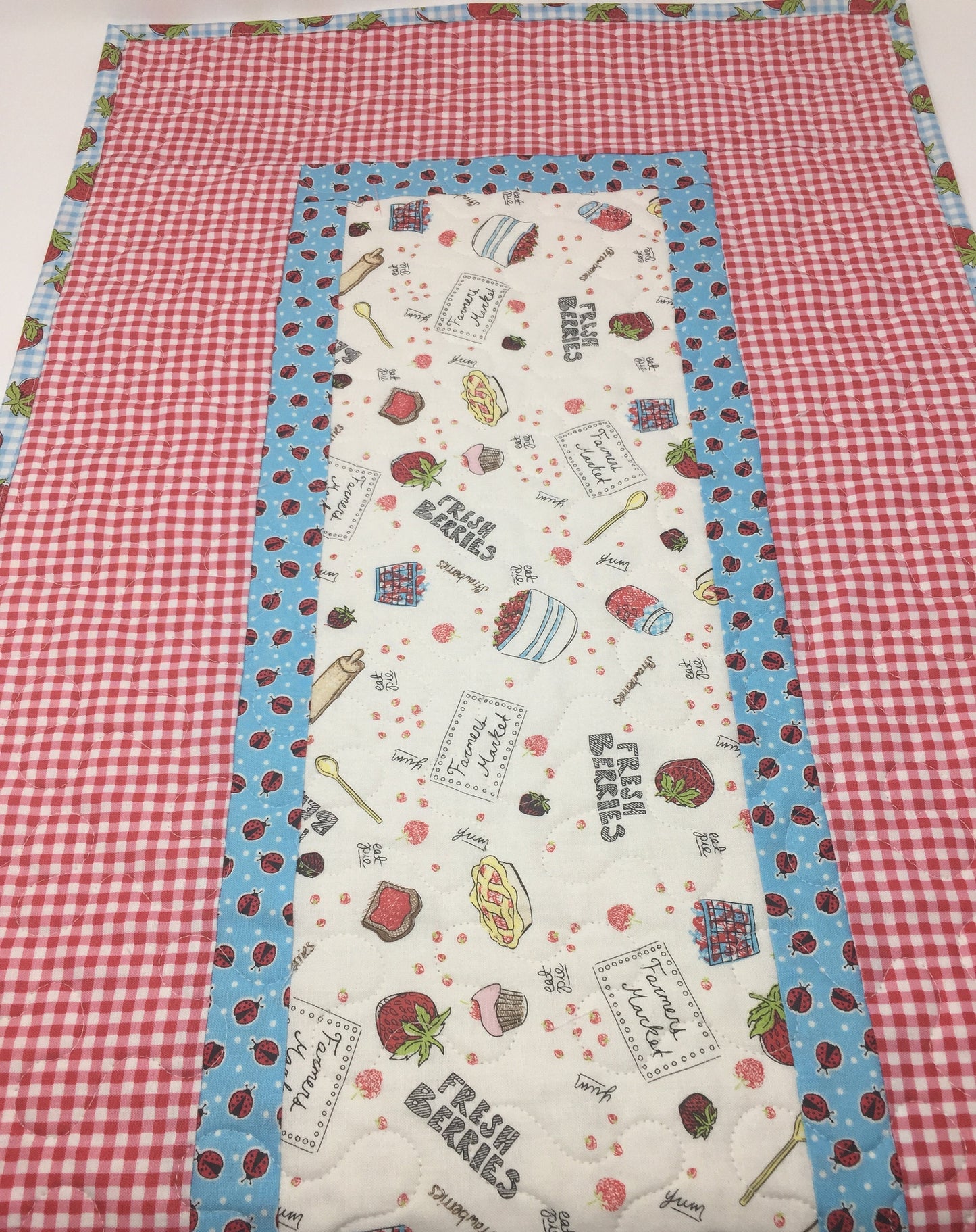 Summer Picnic Table Runner Quilt, Red, Blue, Lady Bugs, Strawberries, Handmade Table Runner Quilt