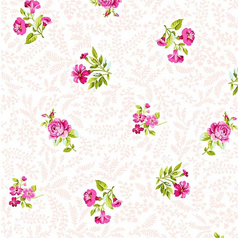 Garden Gate - Pink, Flowers, P&B Textiles, Green, White, Cotton Fabric Yardage