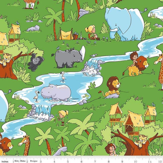 Tarzananimals Main Green, Lion, Rhino, Jungle theme, Trees, Riley Blake Designs, cotton fabric yardage