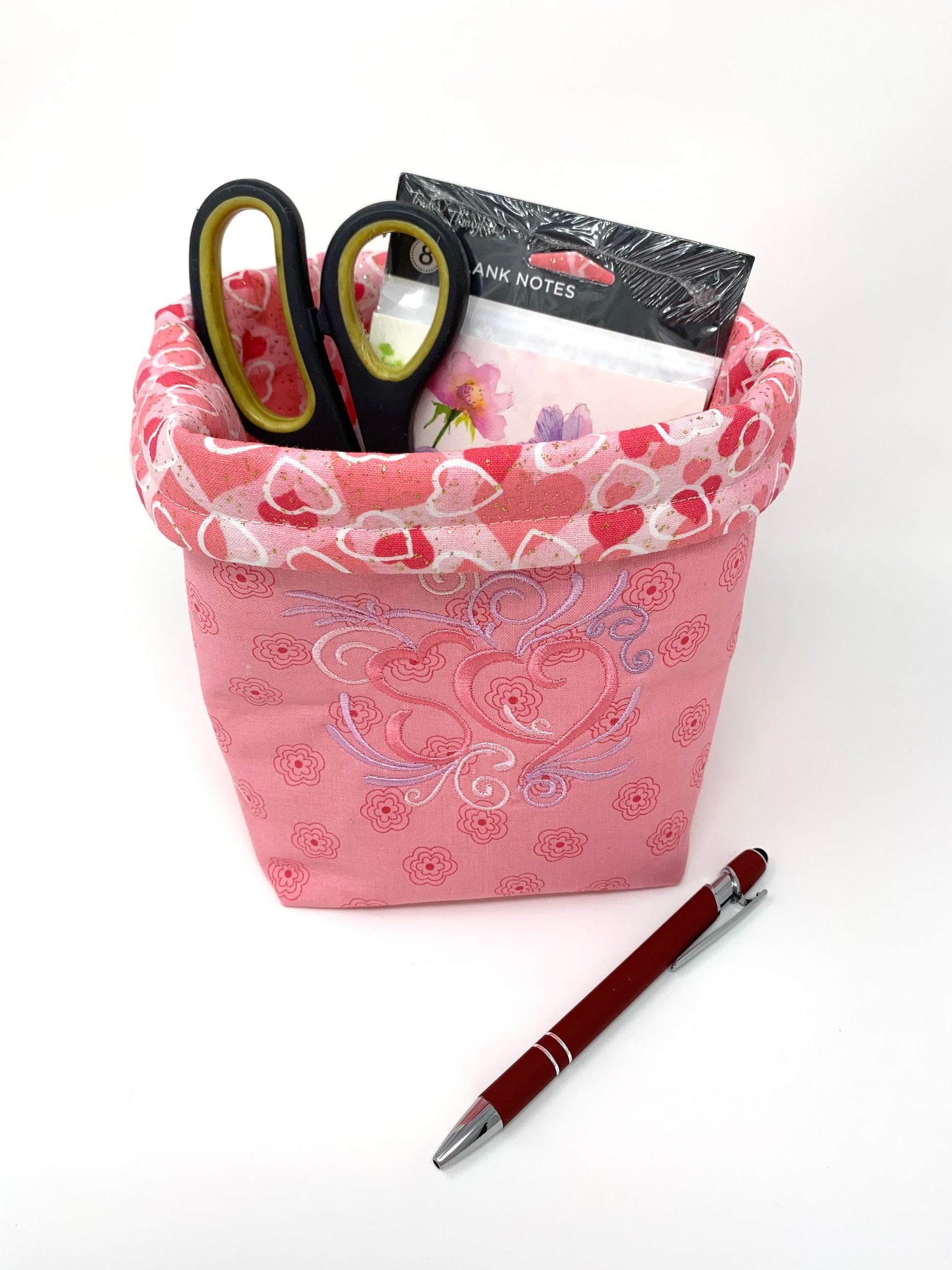 Fabric Bag, Basket, Reusable,  Tissue Box Holder, Hearts, Valentines Day, Pink, Lavender, Handmade