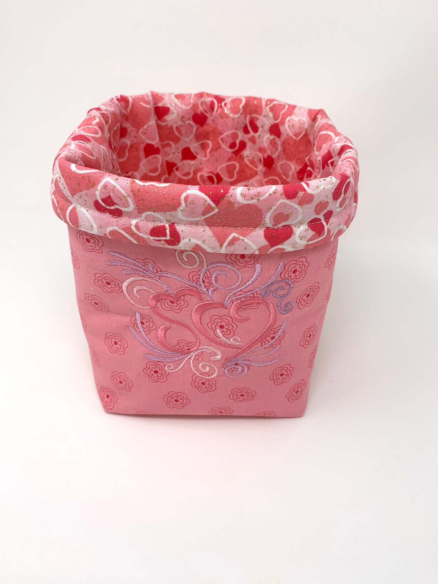 Fabric Bag, Basket, Reusable, Tissue Box Holder, Hearts, Valentines Day, Pink, Lavender, Handmade