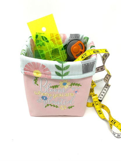 Fabric Bag, Basket, Reusable, Tissue Box Holder, Floral, Bloom Where You Are Planted, Pink, Yellow, Blue, Handmade