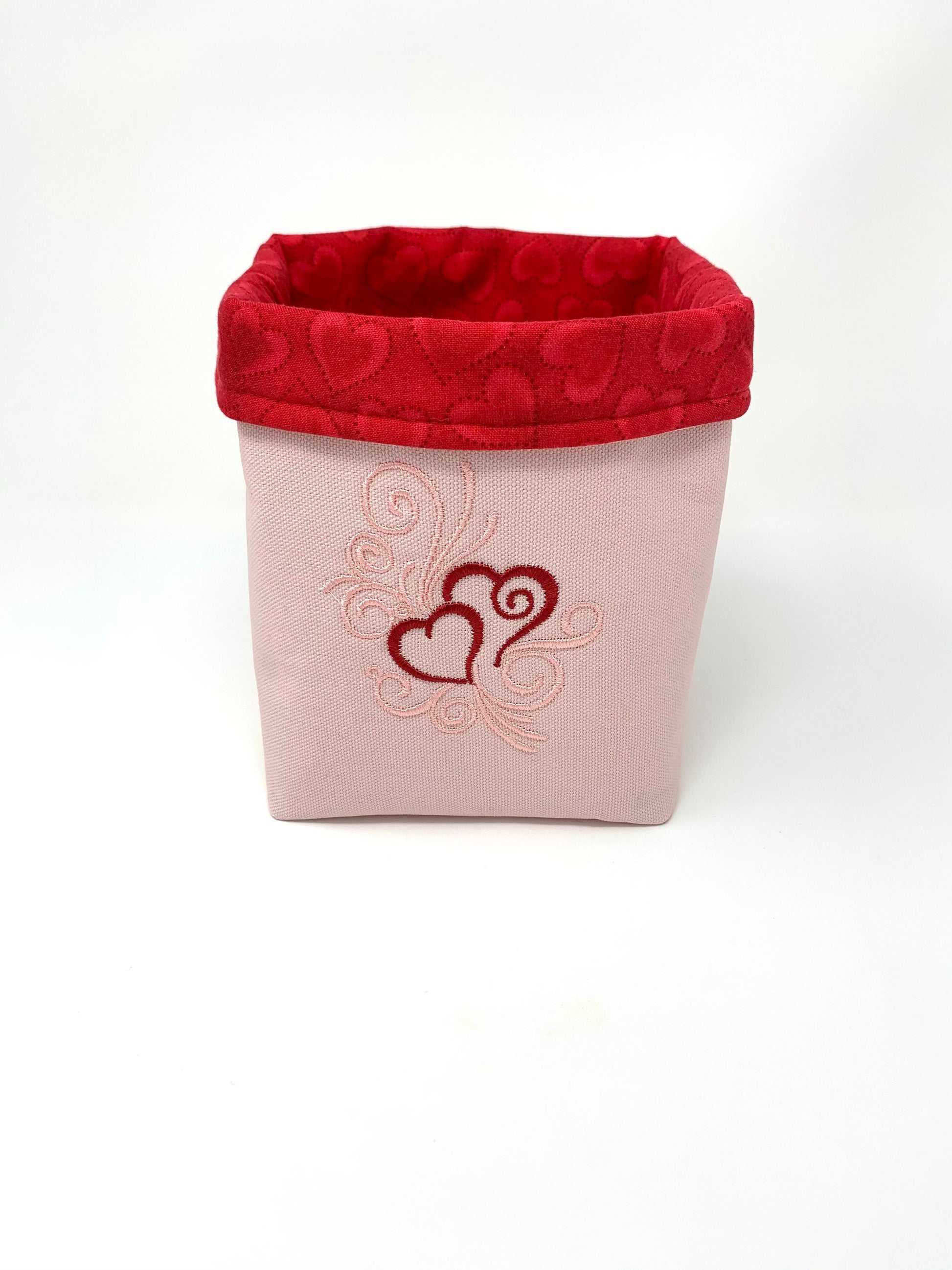 Fabric Bag, Basket, Reusable, Tissue Box Holder, Hearts, Valentines Day, Red, Pink, Handmade