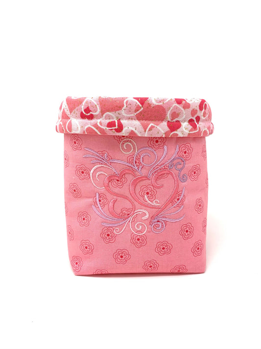 Fabric Bag, Basket, Reusable,  Tissue Box Holder, Hearts, Valentines Day, Pink, Lavender, Handmade