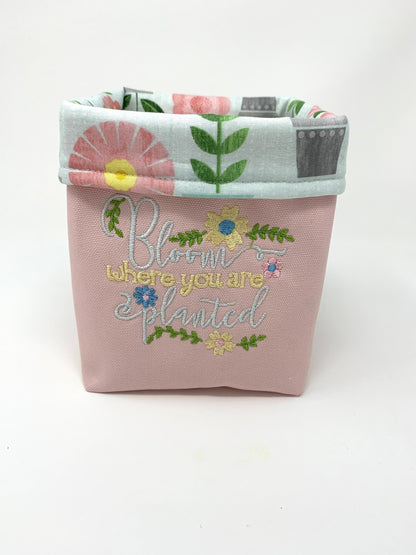 Fabric Bag, Basket, Reusable, Tissue Box Holder, Floral, Bloom Where You Are Planted, Pink, Yellow, Blue, Handmade