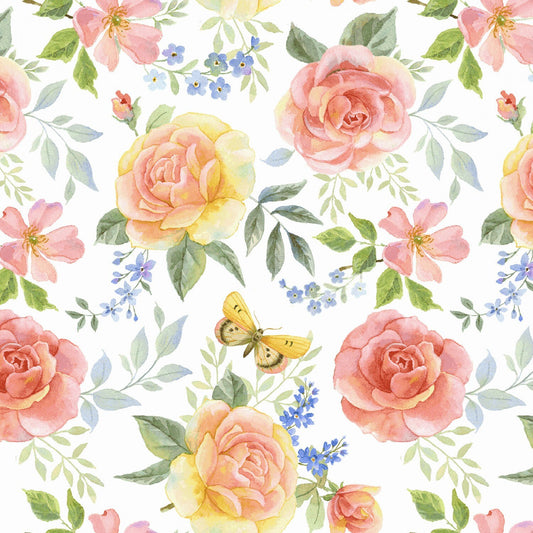 Rose Yardage, Large Multi Tossed, Garden Inspirations, Henry Glass Studios, White, Pink, Green, Blue, Butterfly, Cotton Yardage