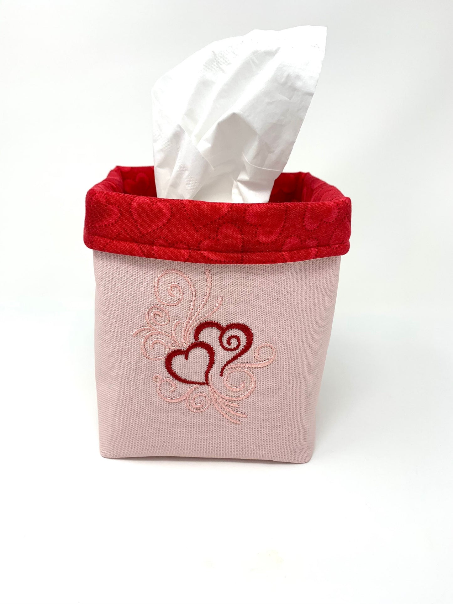 Fabric Bag, Basket, Reusable, Tissue Box Holder, Hearts, Valentines Day, Red, Pink, Handmade