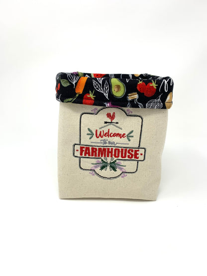 Fabric Bag, Basket, Reusable, Veggies, Welcome To Our Farmhouse, Black, Red, Beige, Handmade