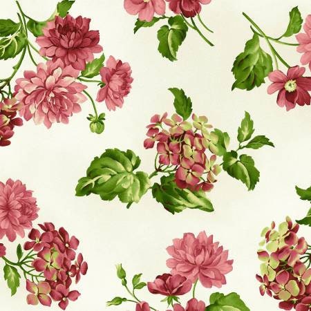 Pink Floral Yardage, Medium, Cream, Green, Lexington, Maywood Studio, Fabric Yardage
