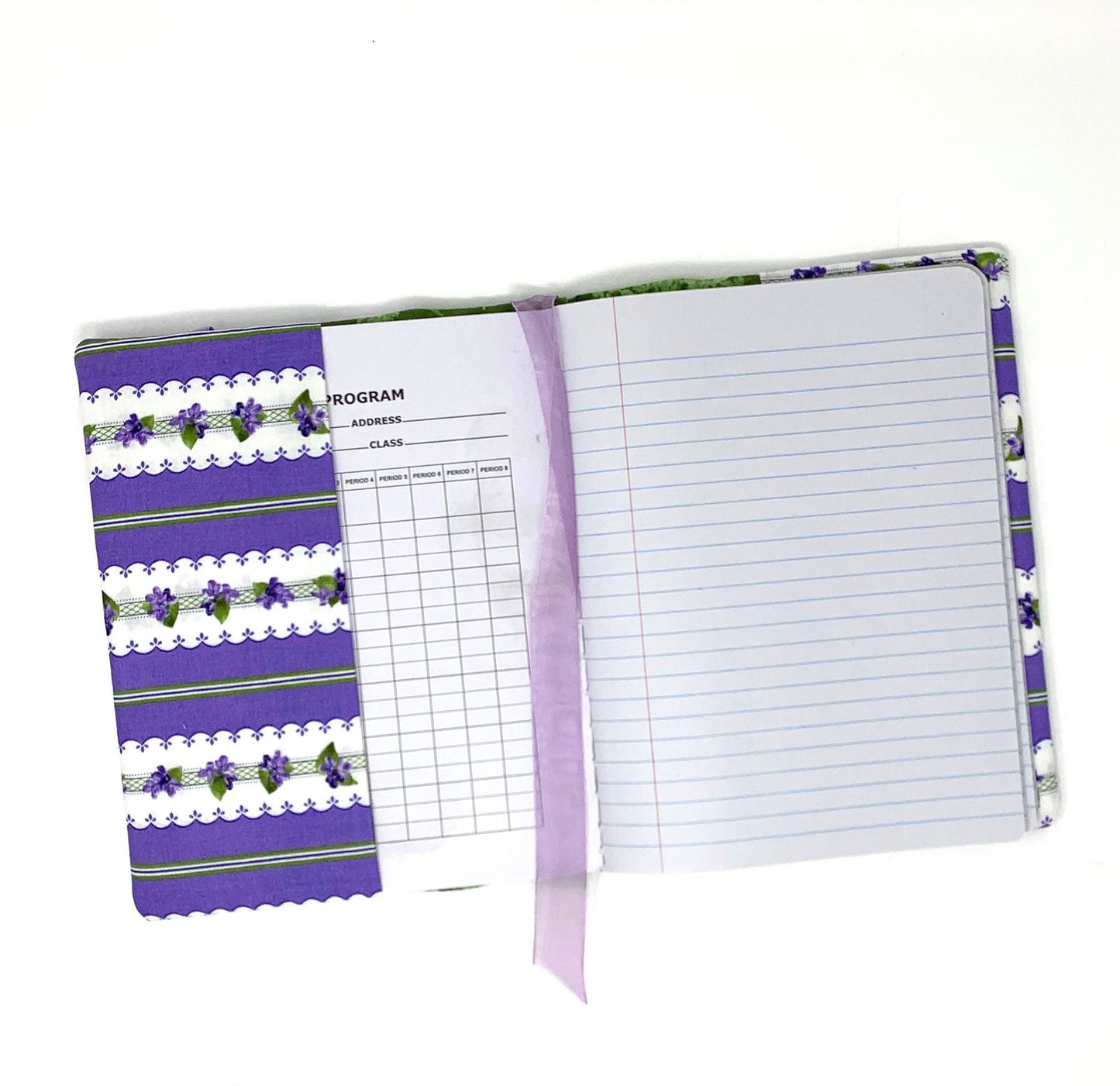 Floral Journal Composition Cover, Book Cover, Pen Holder, Quilted, Purple, Lavender, Green, Handmade