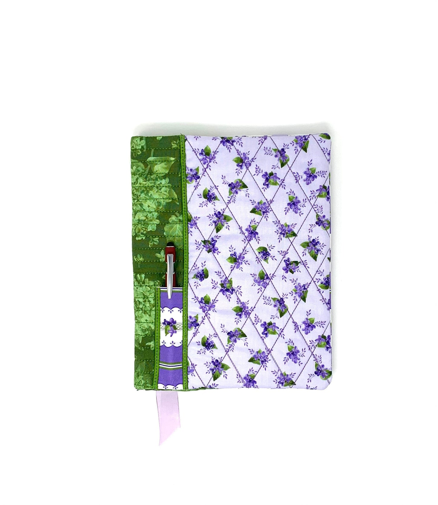 Floral Journal Composition Cover, Book Cover, Pen Holder, Quilted, Purple, Lavender, Green, Handmade
