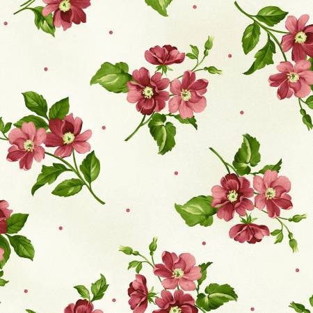 Pink Floral Yardage, Small Cream, Green, Lexington, Maywood Studio, Fabric Yardage