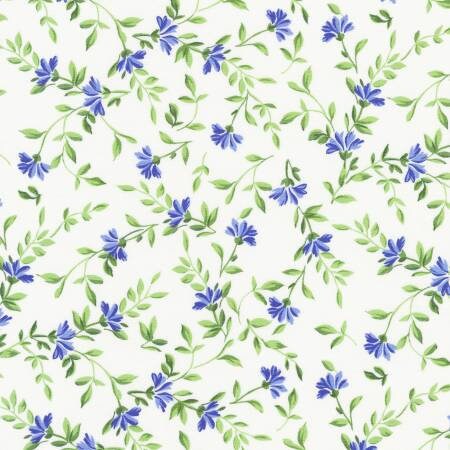 Blue Floral Yardage, Natural, Pretty Sweet, White, Green, Fabric Yardage