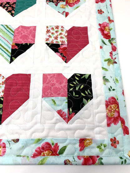 Hearts Table Runner, Table Topper, Wall Hanging Quilt, Pink, Teal, Handmade Table Runner Quilt