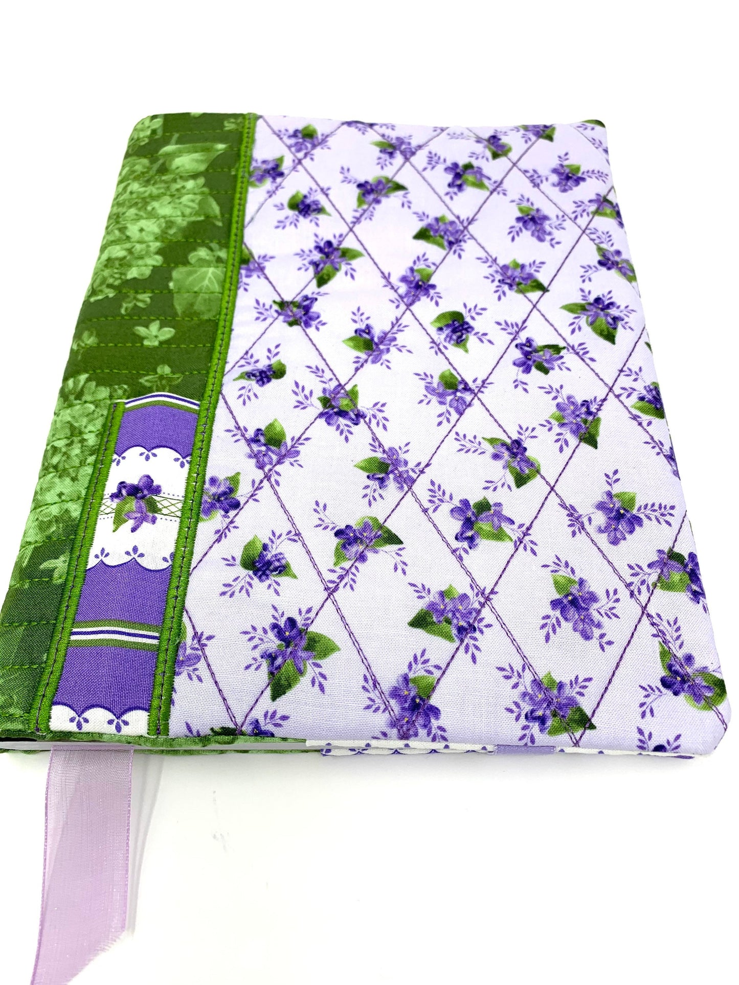 Floral Journal Composition Cover, Book Cover, Pen Holder, Quilted, Purple, Lavender, Green, Handmade